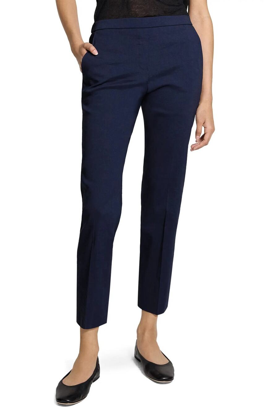 Theory Treeca Pull On Pants Linen Navy Blue Cigarette Slim Straight Cropped Sz 8